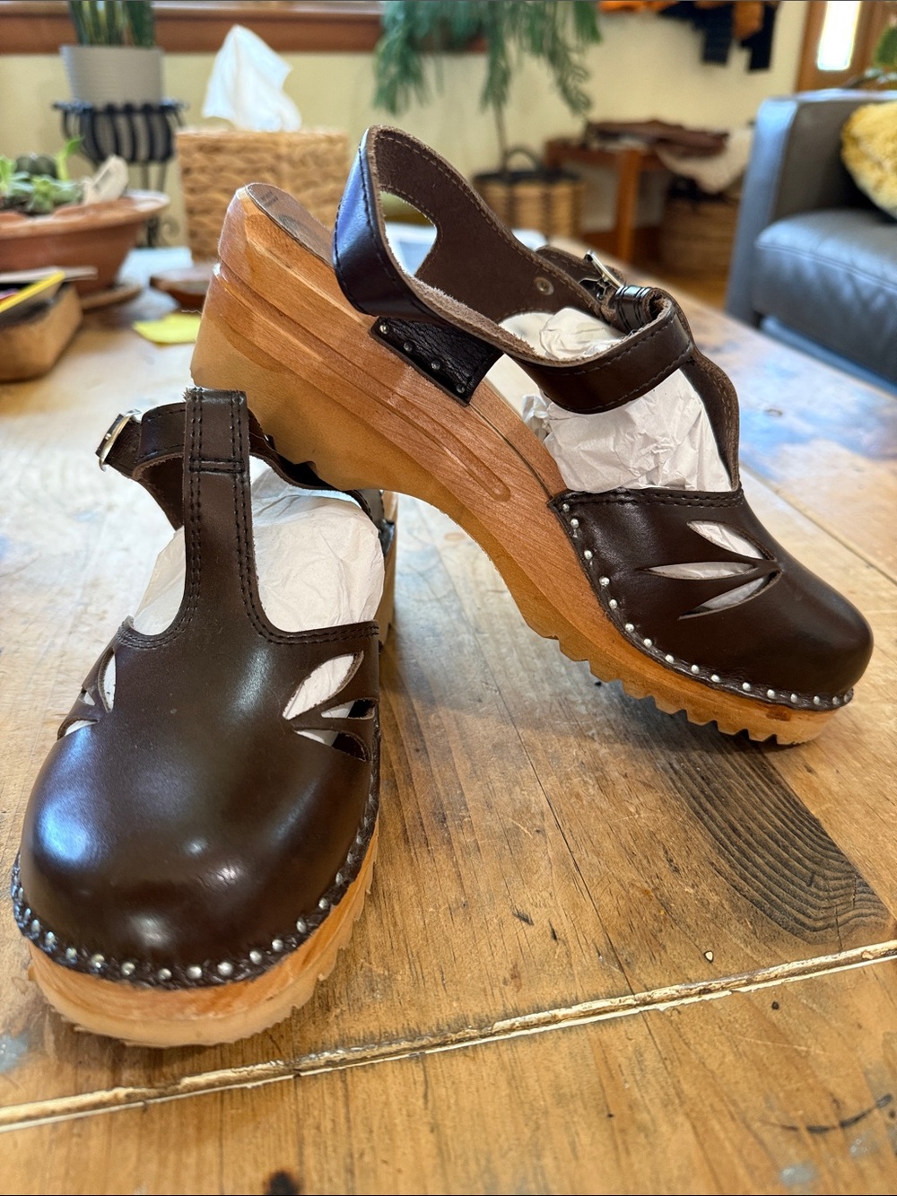 Troentorp Swedish Wood Clogs Mary Jane Brown Leather EU 39 New